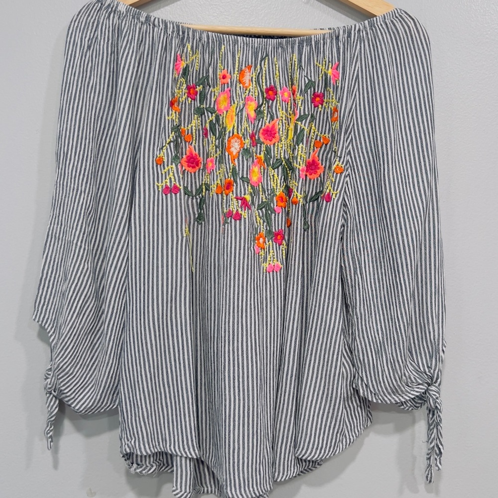 Blue rain off shoulder embroidered blouse size XS